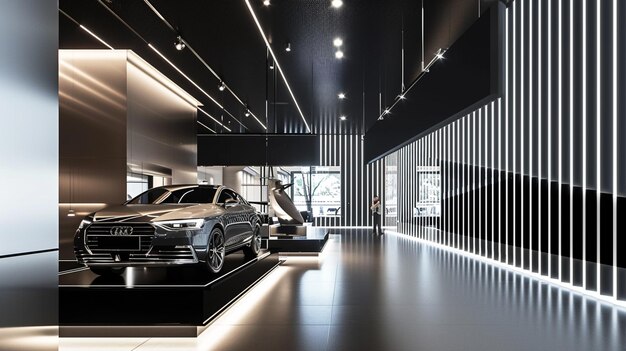 Zdjęcie premium black silver metallic shine lines effect display showroom w sklepie generative ai