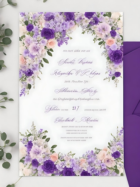 Premium wieniec kwiatowy szablon zaproszenia ślubne nowoczesne eleganckie fioletowe kwiaty