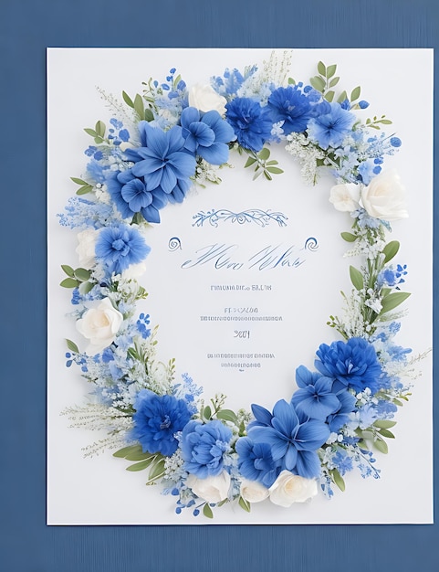 Premium wieniec kwiatowy szablon zaproszenia ślubne nowoczesne eleganckie niebieskie kwiaty
