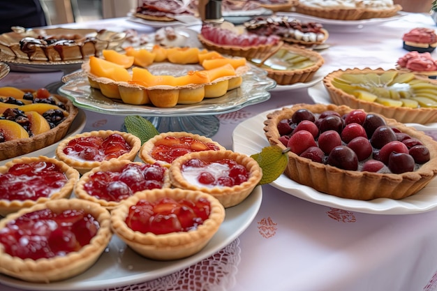 Prezentacja ciast owocowych i tart na pięknych, gotowych do podania talerzach stworzona za pomocą generatywnej ai