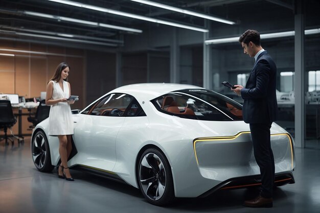 Prezentacja inżyniera wyświetlacza 3D futurystycznego samochodu w garażu sprzedaży samochodów na monitorze klienta