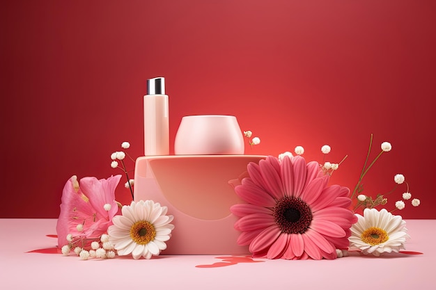 Prezentacja produktu kosmetycznego makieta z pięknymi kwiatami i gradientowym tłem