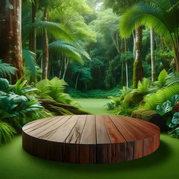 Prezentacja produktu na drewnianym podium pośrodku bujnego lasu tropikalnego