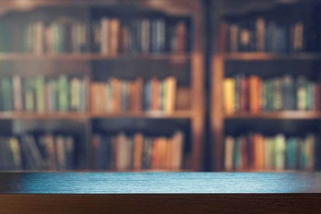 Prezentacja produktu na drewnianym stole na tle pustej półki w bibliotece