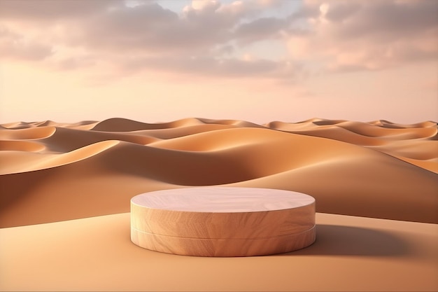 Prezentacja produktu z drewnianym podium na środku pustyni wydm 3d rendering Dominujące kolory ziemi i piasku 3d renderowanie Obraz stworzony za pomocą AI