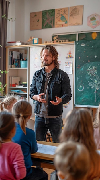 Prezentując grupie dzieci w klasie, instruktorka poszerza swoją wiedzę i oferuje perspektywy edukacyjne.