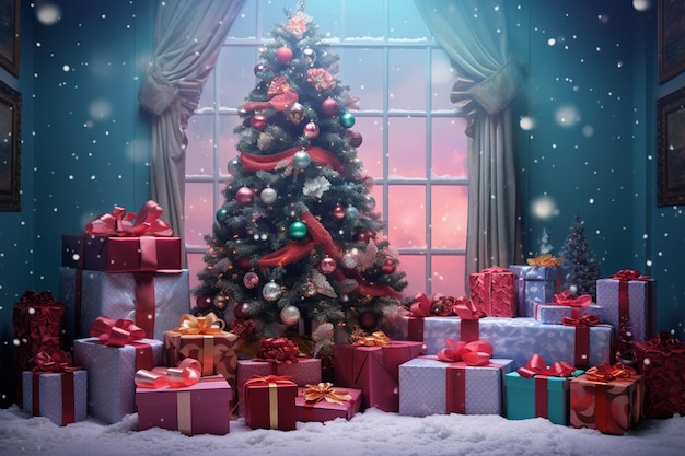 Prezenty bożonarodzeniowe Wesołych Świąt i uroczystości świątecznych zapakowane pudełka na prezenty i udekorowane Chr