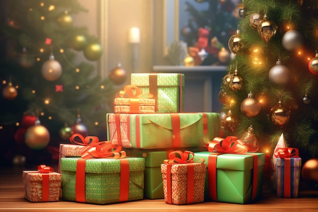 Prezenty bożonarodzeniowe Wesołych Świąt i uroczystości świątecznych zapakowane pudełka na prezenty i udekorowane Chr
