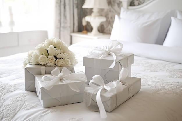 Prezenty ślubne i kwiaty w eleganckiej białej sypialni Generative AI