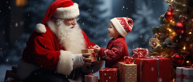 Prezenty świąteczne i noworoczne dzieci w czerwonym kapeluszu Świętego Mikołaja
