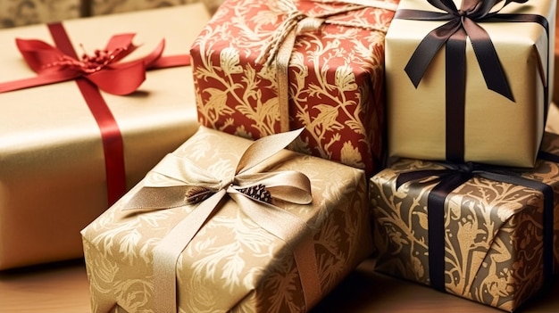 Zdjęcie prezenty świąteczne i prezenty w stylu wiejskim opakowane pudełka podarunkowe na dzień boksowania boże narodzenie dzień walentynek i święta sprzedaż zakupów pudełko piękności dostawa