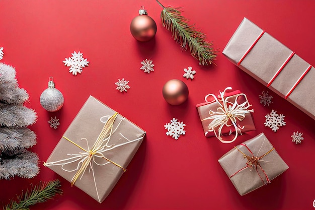 prezenty świąteczne na czerwonym tle z paczkami i elementami dekoracyjnymi motywów świątecznych