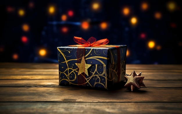 Zdjęcie prezenty świąteczne na drewnianym stole z dekoracjami gwiazd