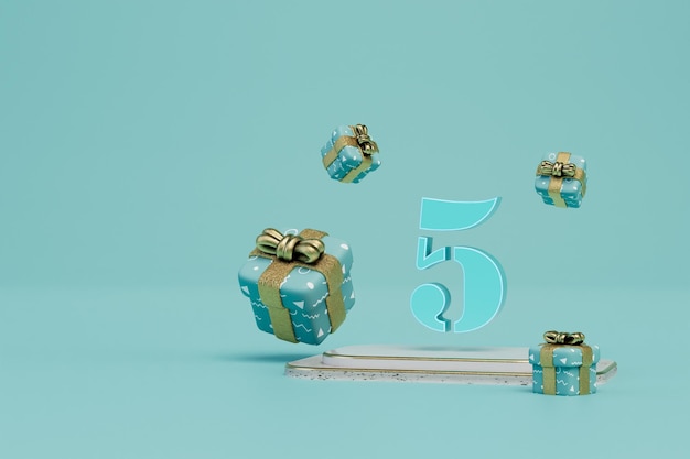 Prezenty urodzinowe na 5 lat podium z liczbą 5, wokół których latają pudełka na prezenty render 3D