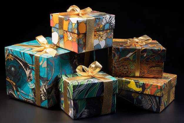Zdjęcie prezenty w kolorowych pudełkach ze wstążkami i kokardkami na czarnym tle święta i pozdrowienia