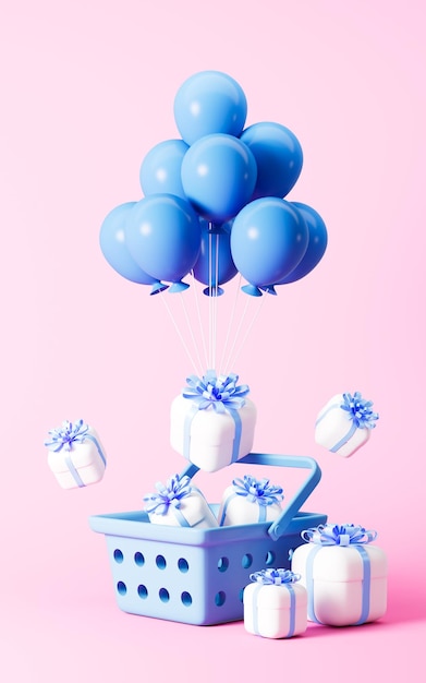Prezenty z balonem i koszykiem na różowym tle renderowania 3d
