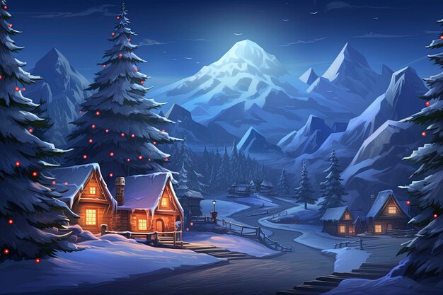 prezenty ze świecącą choinką w nocy na śniegu w stylu grafiki 2D