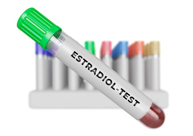 Próbka ludzkiej krwi w probówce do badania hormonu estradiolu