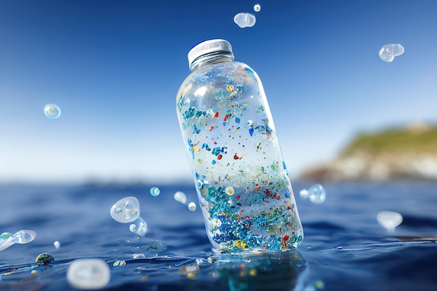 Problem z renderowaniem 3D: plastikowe butelki i mikrodrobiny plastiku unoszące się w oceanie.