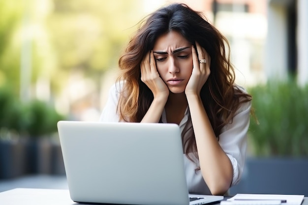Problemy w pracy lub szkole Biała freelancerka siedzi przed laptopem z głową w rękach Praca na odległość lub koncepcja uczenia się