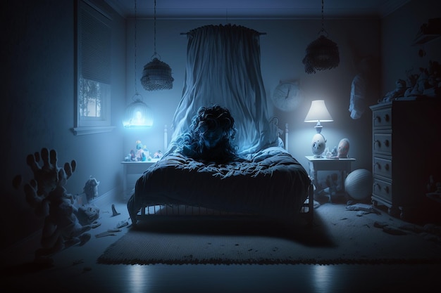 problemy ze snem dzieci sen lęki koszmary straszne sny pokój dziecięcy ponura ciemna atmosfera łóżko dziecięce potwory nad łóżkiem