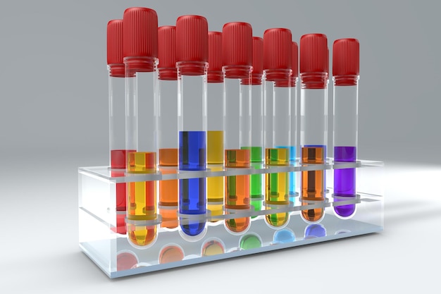 Probówka w kolorze tęczy z urządzeniami do krwi na stojaku 3d ilustracja medycznych probówek