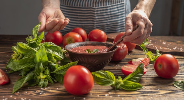 Proces gotowania tradycyjnego włoskiego sosu z pomidorów i bazylii z naturalnych dojrzałych warzyw Styl rustykalny