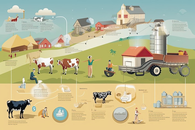 Zdjęcie proces produkcji mleka starożytna farma i nowoczesna produkcja mleka krowy pola, aby zilustrować historię produkcji mleka generatywny ai