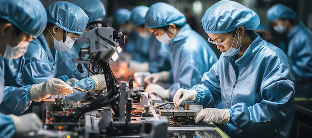 proces produkcyjny w chińskiej nowoczesnej fabryce, w tym linie montażowe, kontrola jakości, generowane za pomocą sztucznej inteligencji