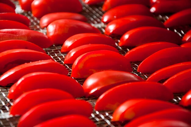Proces przygotowania suszonych pomidorów, obraz pieca z suszonymi pomidorami.