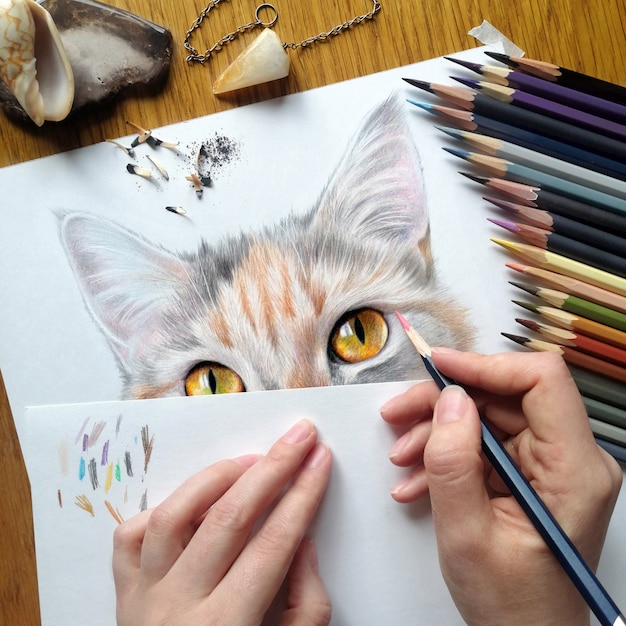 Zdjęcie proces rysowania portretu kota. realistyczny rysunek kota z kolorowymi kredkami. miejsce pracy artysty. artysta przy pracy