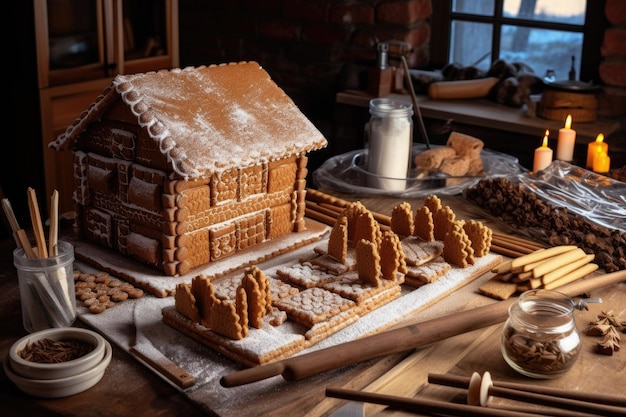 Proces wytwarzania pieczywa gingerbread house z narzędziami do pieczenia stworzonymi za pomocą generatywnego AI