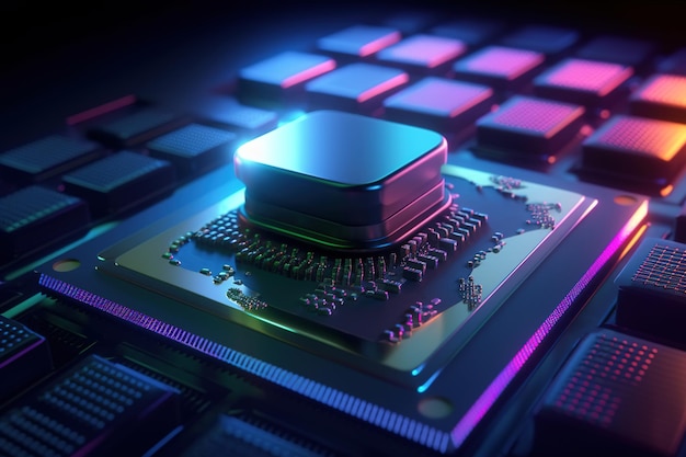 Procesor komputerowy i mikroczipy w nowoczesnej technologii komputerowej na płycie głównej Zbliżenie selektywnej ostrości światło neonowe Generative AI