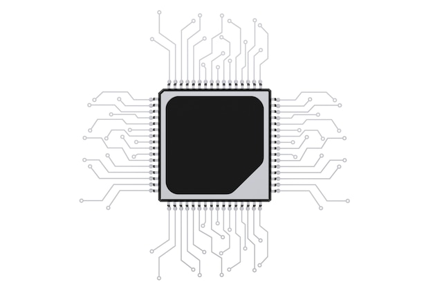 Procesor Microchip CPU z obwodem na białym tle. Renderowanie 3D