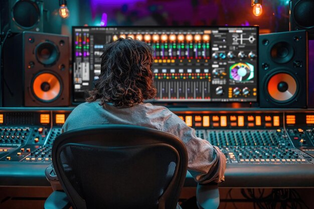Zdjęcie producent muzyczny pracujący w studiu nagraniowym