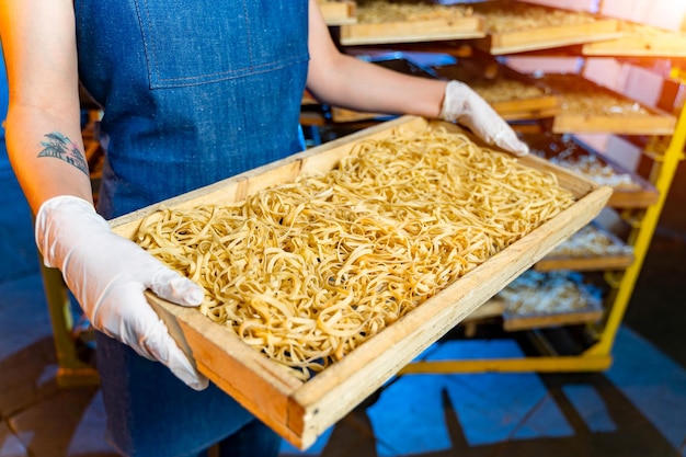 Produkcja makaronu w zakładzie Drewniane skrzynie do odpoczynku makaronu Zakład produkcji technologicznej Praca przemysłowa Surowy makaron zbliżenie