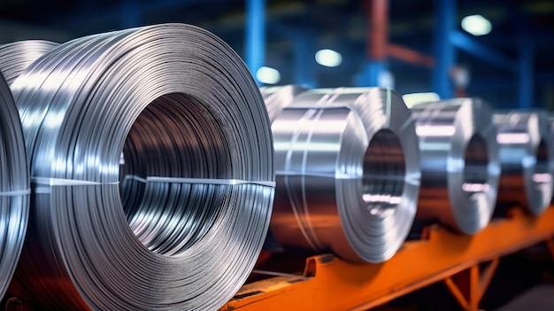 Zdjęcie produkcja metalurgiczna duże rolki błyszczącej folii aluminiowej lub stali przemysłowe przechowywanie zwojów metalowych