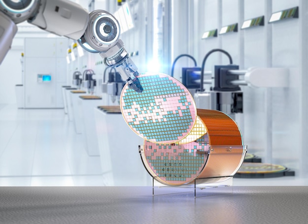 Zdjęcie produkcja półprzewodników z ramionami robotów z płytkami krzemowymi