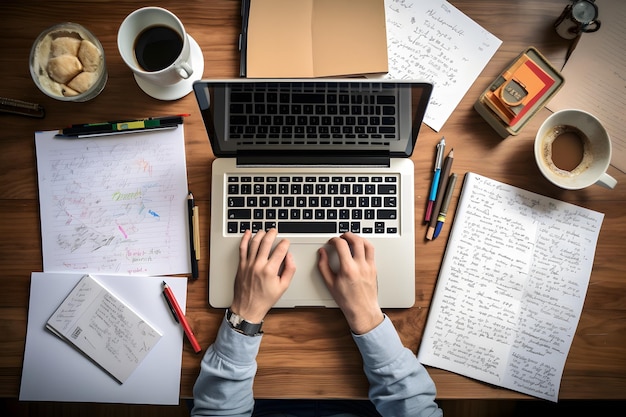 Produkcyjna osoba pracująca na laptopie z kawą i papierami na drewnianym biurku Generatywna sztuczna inteligencja