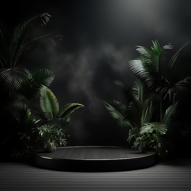 Produkt wyświetlany na podium na czarnym tle studia z liśćmi palm