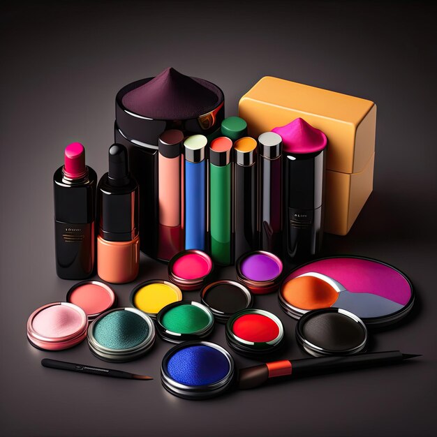Produkty do makijażu ustawione na ciemnym tle Kolorowy zestaw do makijażu Sztuka cyfrowa