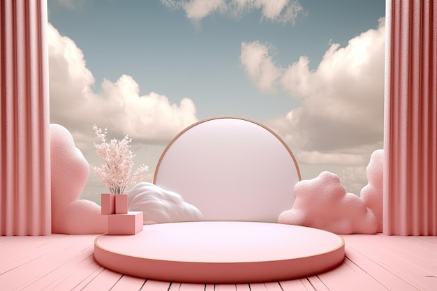 Produkty w różowym tle 3d wyświetlają scenę na podium z geometryczną platformą z zielonego liścia
