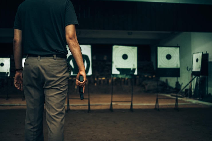Zdjęcie profesjonaliści noszą pistolet 9mm na strzelnicy