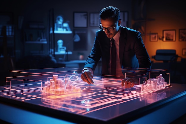 Profesjonalista stojący obok hologramu miasta na futurystycznym stole
