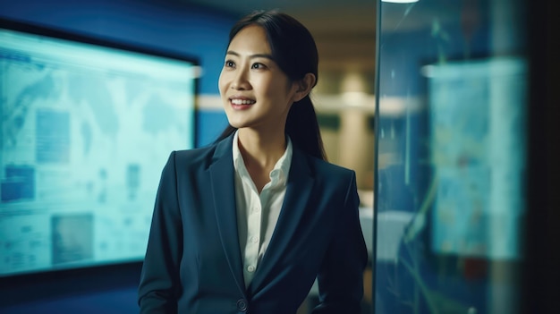 Profesjonalna azjatycka bizneswoman uśmiecha się pewnie przed ekranami analizy danych finansowych