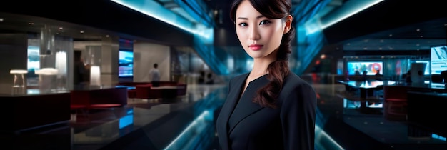 Zdjęcie profesjonalna japońska kobieta w eleganckim środowisku biznesowym emitująca pewność siebie i elegancję generative ai