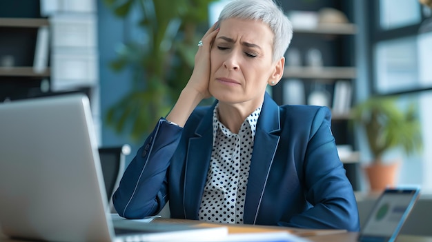 Profesjonalna kobieta odczuwa ból szyi przy biurkowym biurku Stresowany pracownik z złą postawą Problemy zdrowotne w miejscu pracy zilustrowane przez sztuczną inteligencję