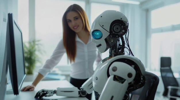 Zdjęcie profesjonalna kobieta pracująca z zaawansowanym humanoidalnym robotem w biurze