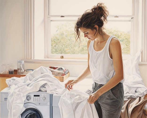 Zdjęcie profesjonalna kobieta robiąca pranie maszyna do prania z wiadrą brudnych ubrań