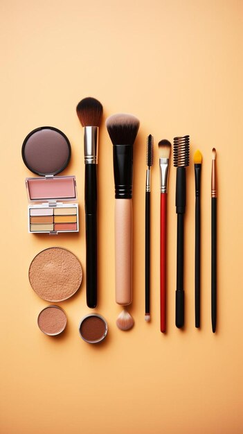 profesjonalne narzędzia makijażowe produkty makijażowe na kolorowym tle górny widok zestaw różnych produktów